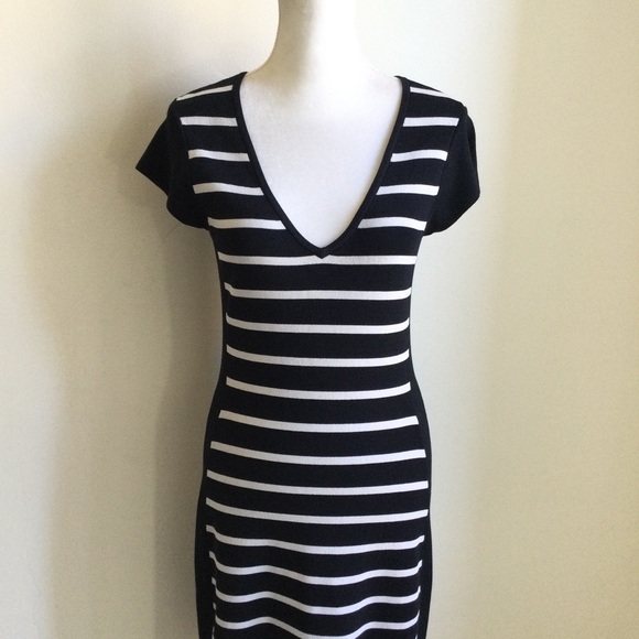 REBECCA TAYLOR DRESS V-Neck Black White Bodycon Midi Size Small - Picture 2 of 6